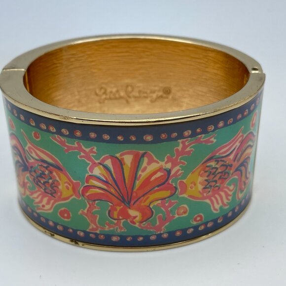 Vintage Lilly Pulitzer Shell and Fish Enamel Cuff Bracelet Signed Designer Clamp - Picture 6 of 10